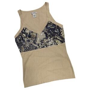 Caché Tank Top Small Fitted Stretchy Ribbed Sequin Snakeskin Print VTG